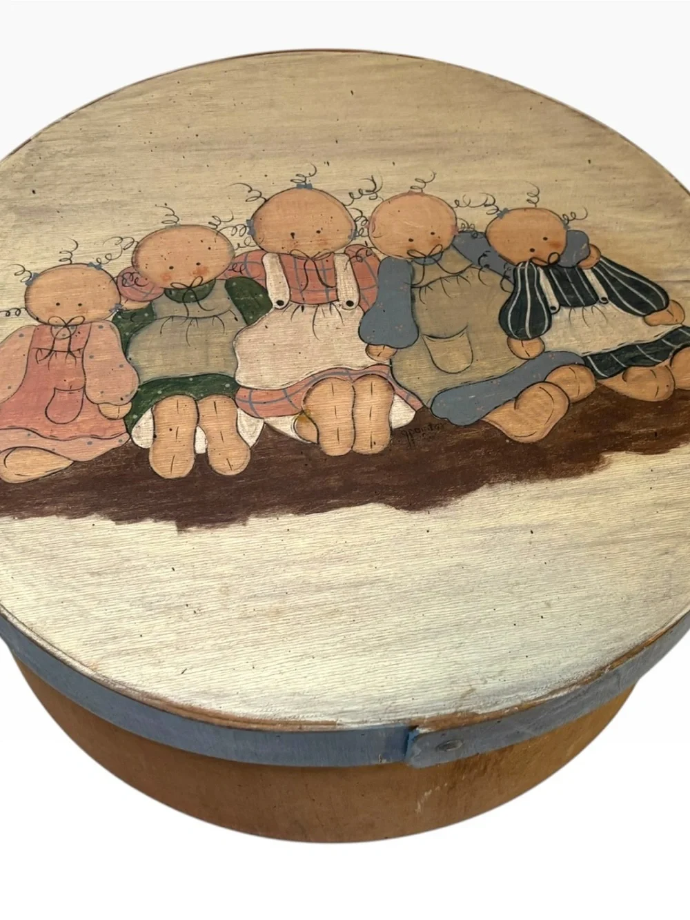 Vintage Bentwood Cheese Box Round Wooden Pantry Box Folk Art Painted Rag Dolls